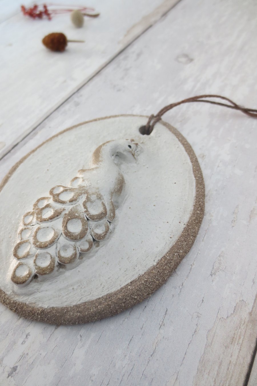 WALL DECORATION hand-built stoneware small peacock plaque ornament in white