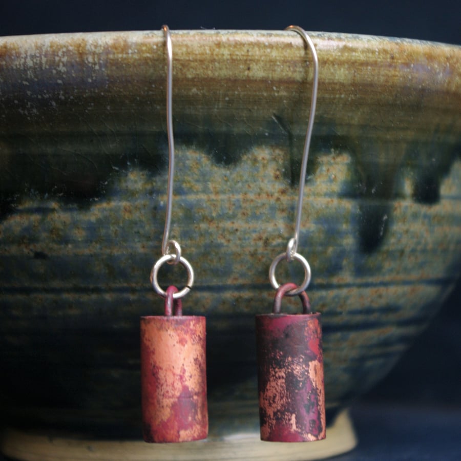 Recycled  Copper Tube Long Dangle Statement Earrings