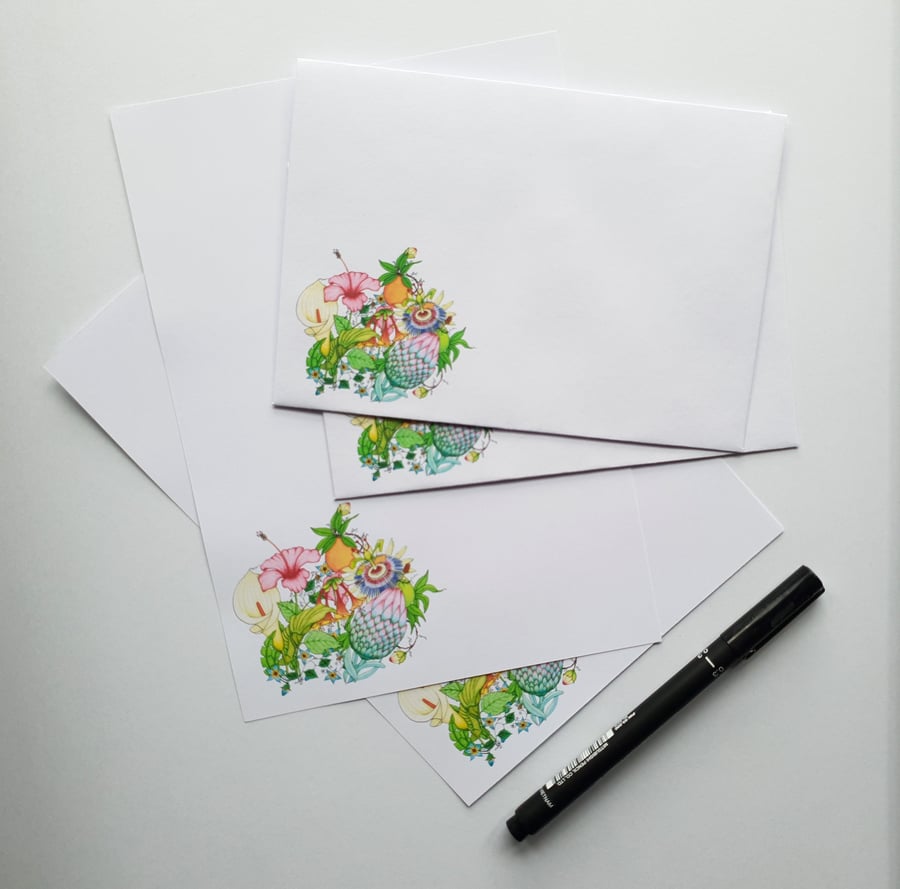 Writing Paper and Matching Envelopes Set, Tropical Flora Design