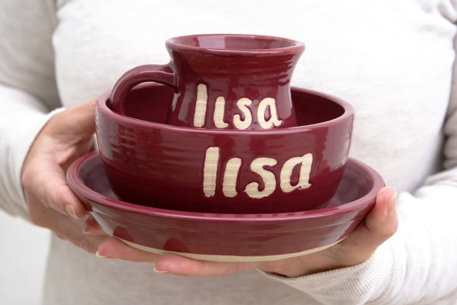 Lisa customised mug, bowl and plate set - hand thrown stoneware in raspberry red