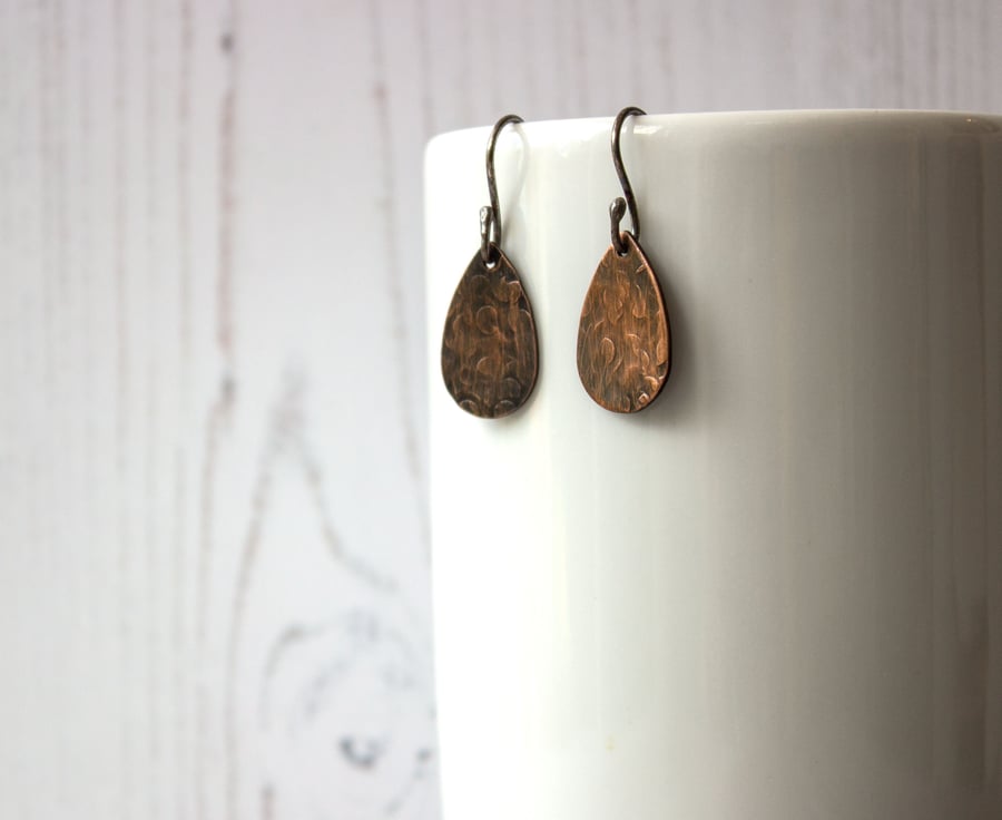 Copper Abstract Floral Pattern Teardrop Earrings, Handmade gift for her