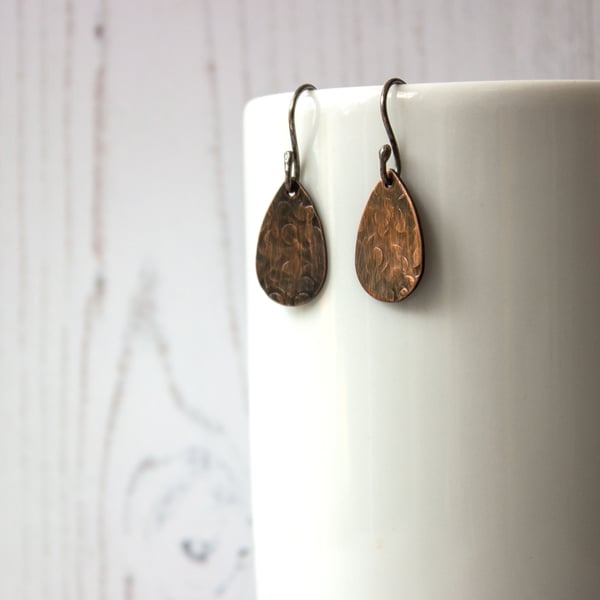 Copper Abstract Floral Pattern Teardrop Earrings, Handmade gift for her