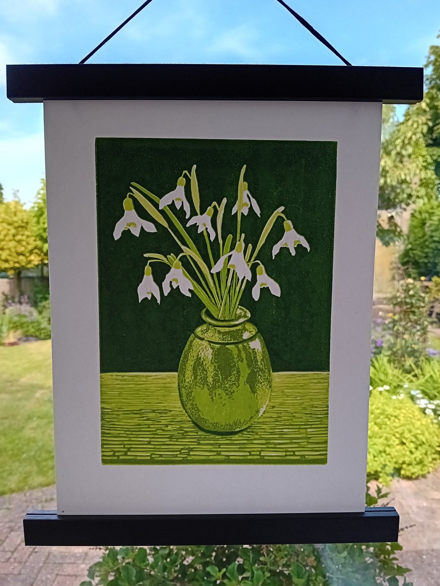 Snowdrops Original lino cut print Green 