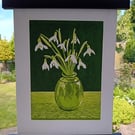 Snowdrops Original lino cut print Green 