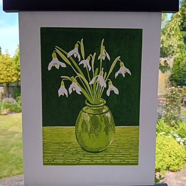 Snowdrops Original lino cut print Green 