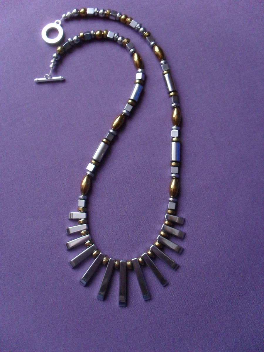 Gold and Silver Haematite Bib Style Necklace