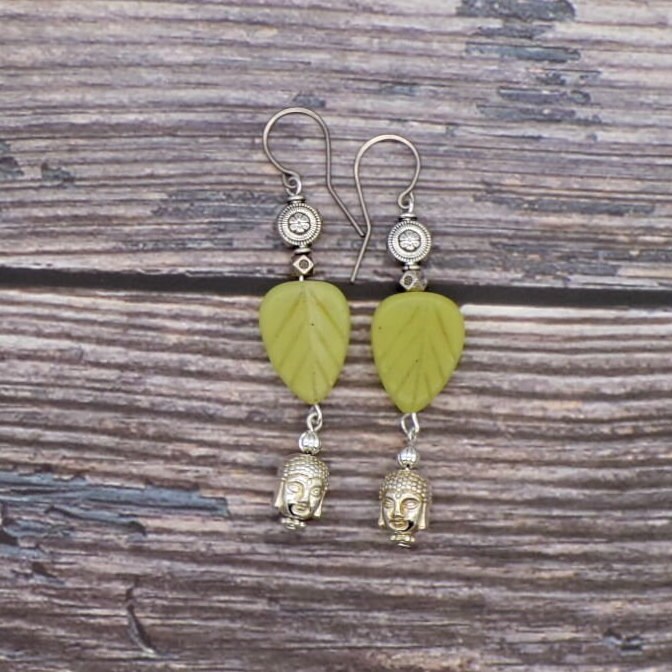 Handmade Buddha Dangle Earrings Carved Leaf Gemstone, Tibetan Silver