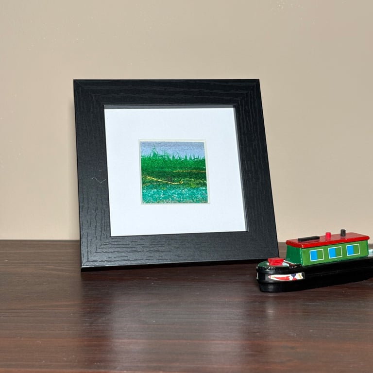 Wool & textile needle felted picture, 4"x4" framed, field with gold (1)