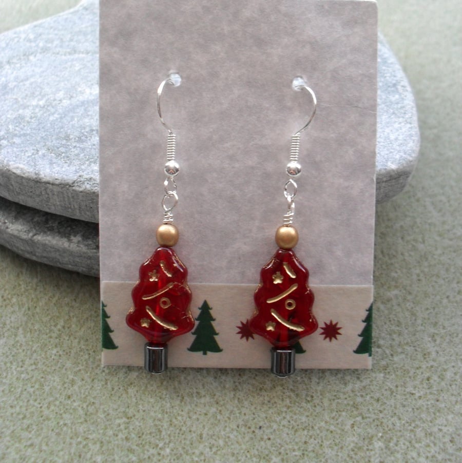 Christmas Tree Earrings Red With Czech Glass Christmas Earrings