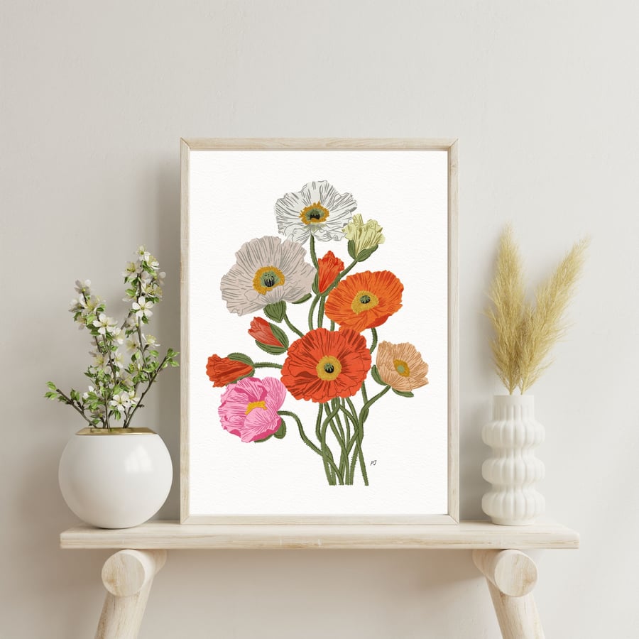 Dreamy Poppies Botanical Illustration Art Print A4 Size