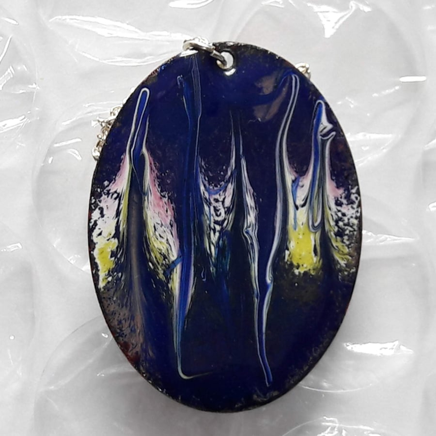 large oval pendant - white, pink and yellow over blue