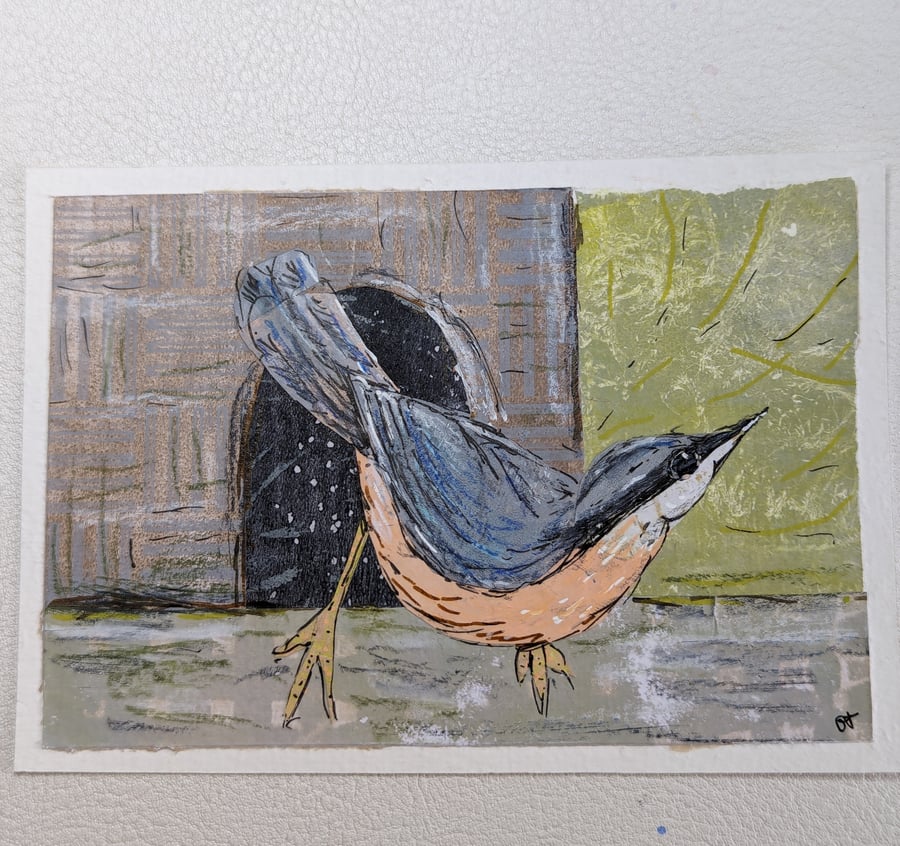 Mixed media collage - Nuthatch 