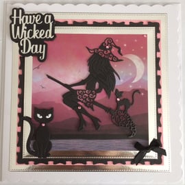 Pagan Halloween Card Have a Wicked Day Sexy Witch Cats 3D Luxury Pink 4