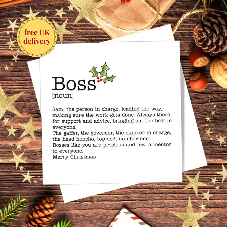 Boss Definition Christmas Card, Work Colleague Card, personalised, blank inside
