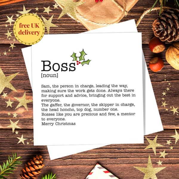 Boss Definition Christmas Card, Work Colleague Card, personalised, blank inside
