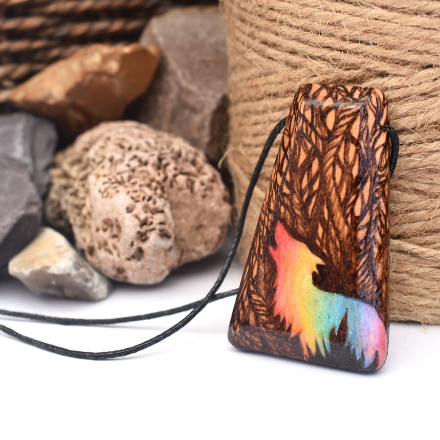The rainbow wolf,  pyrography wooden pendant, wood gift. Wood Anniversary.