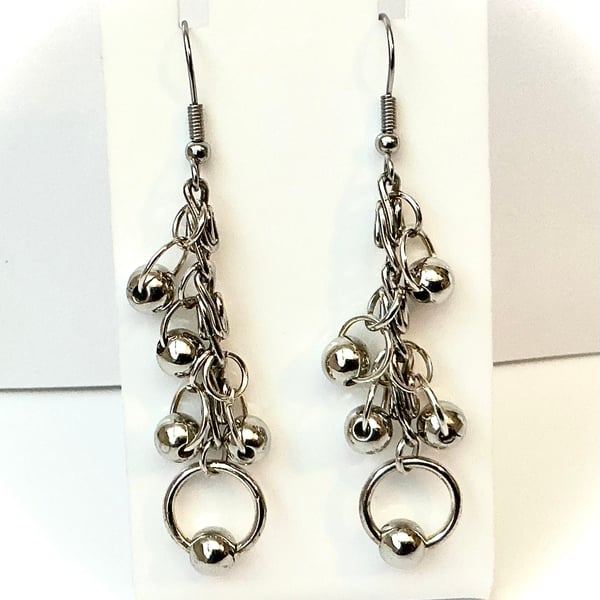 Metal Bead and Ring Design Dangly Earrings