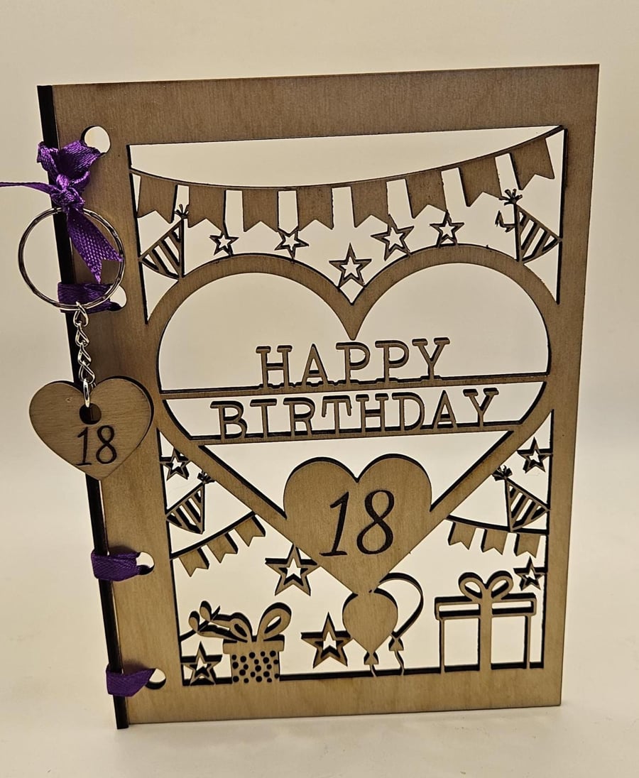 Personalised Wooden Birthday Card Any Age, Milestone Keepsake, Heart Keyring, 18