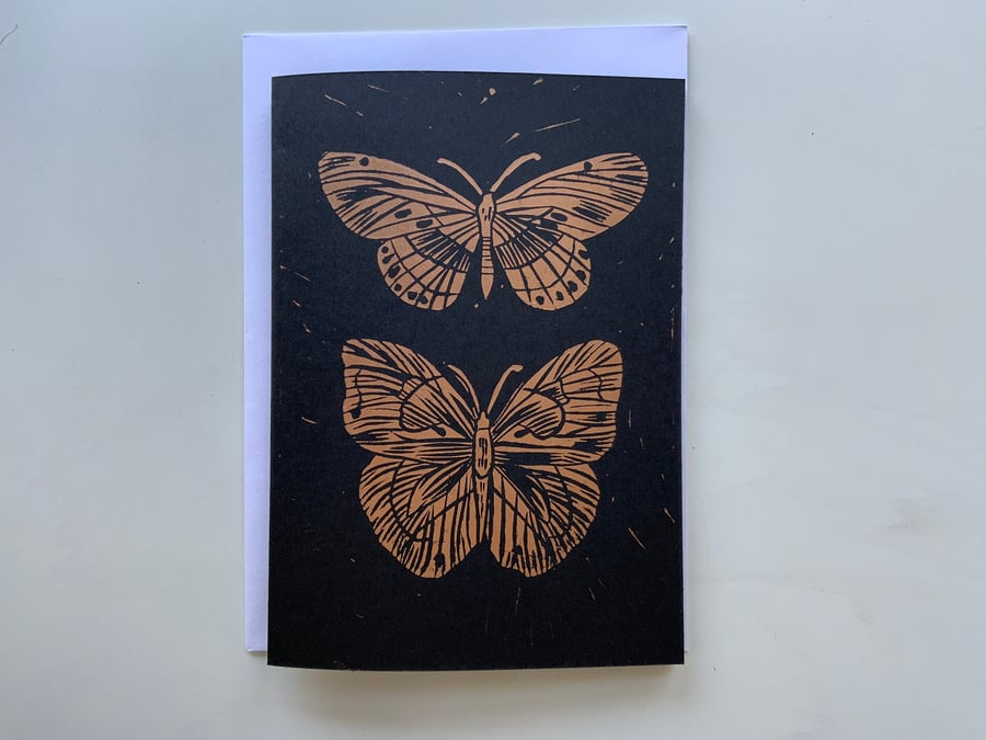 Linocut print butterfly greetings card - Handprinted - A5A6 Gold ink