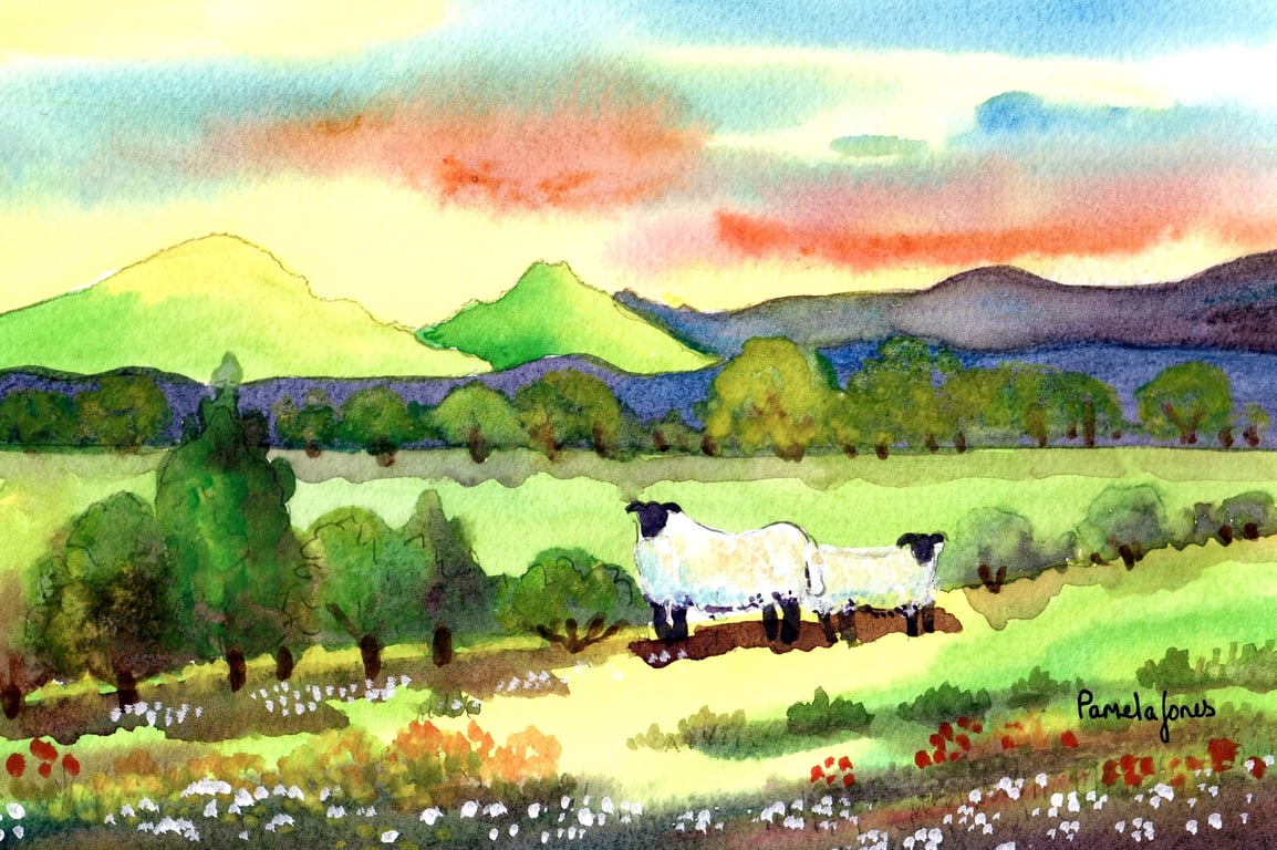 Sunset, Sheep, Brecon Beacons, Wales, Original Watercolour in 14 x 11 '' Mount