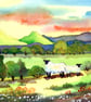 Sunset, Sheep, Brecon Beacons, Wales, Original Watercolour in 14 x 11 '' Mount