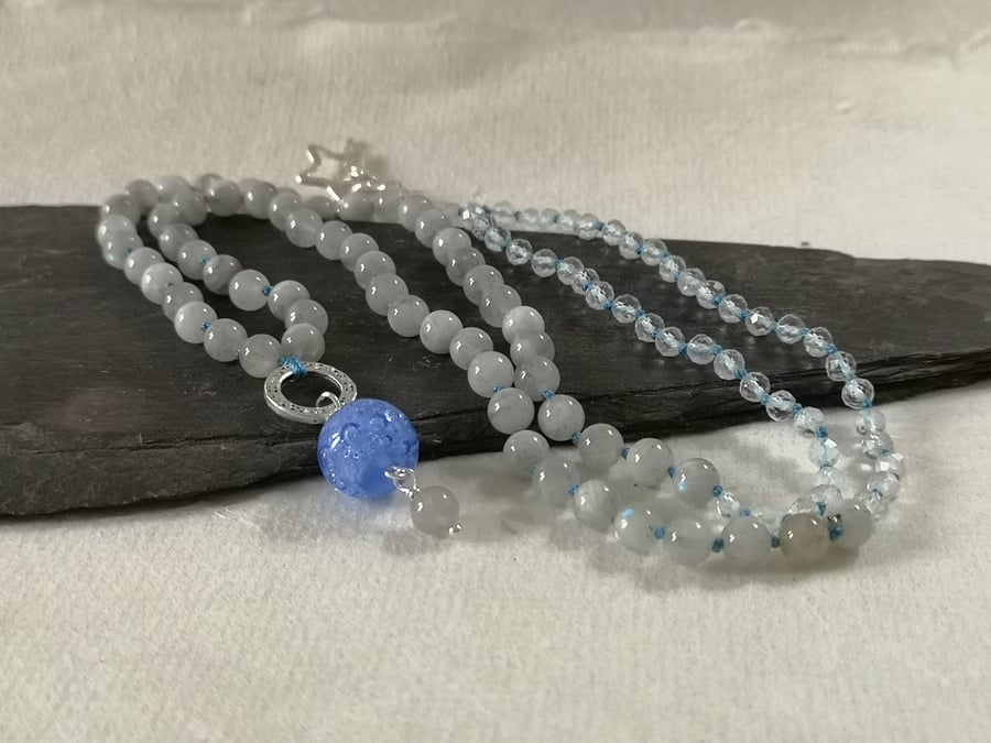 Labradorite and clear quartz long necklace with blue lampwork focal bead
