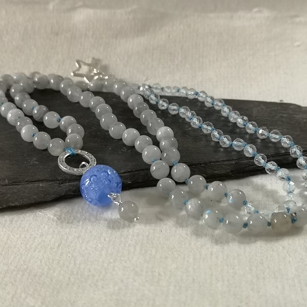 Labradorite and clear quartz long necklace with blue lampwork focal bead