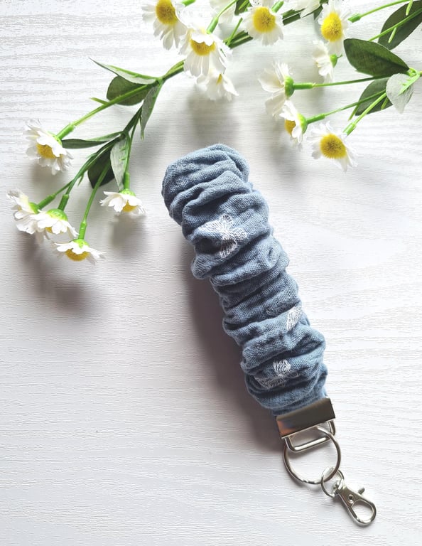 Dusky Blue Butterfly Scrunchie Wristlet Keychain Soft Fabric Key Fob