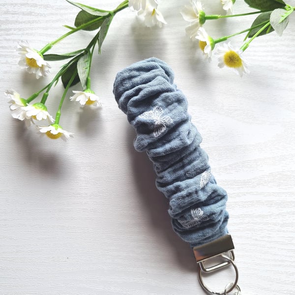 Dusky Blue Butterfly Scrunchie Wristlet Keychain Soft Fabric Key Fob