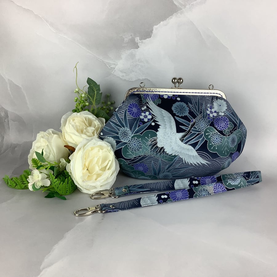 Japanese cranes medium fabric frame clutch handbag, Detachable strap