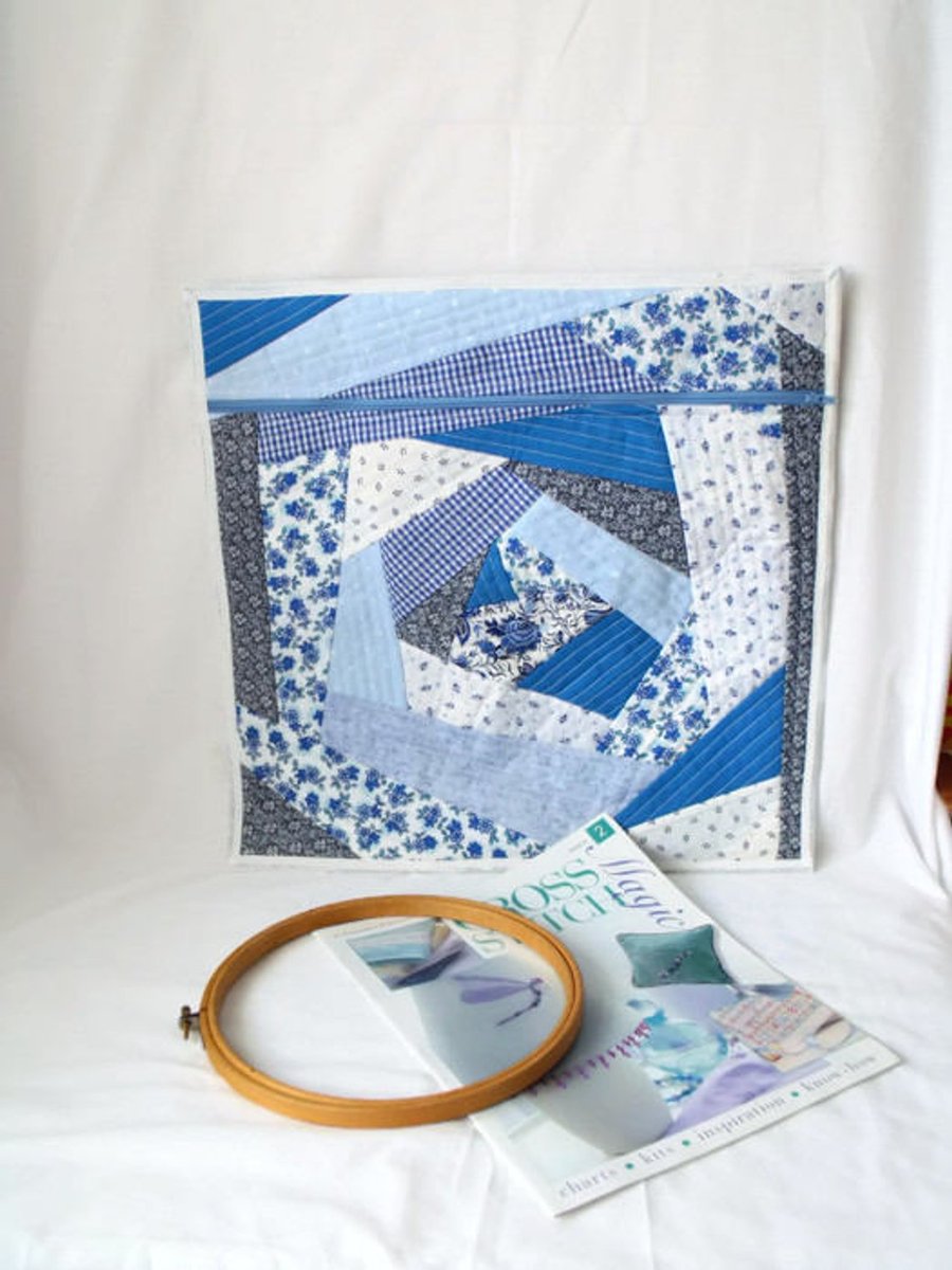 large quilted project pouch for embroidery or small craft projects, blue 