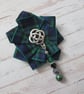 Small Black Watch Tartan Ruffle Rosette Beaded Celtic Brooch Pin 