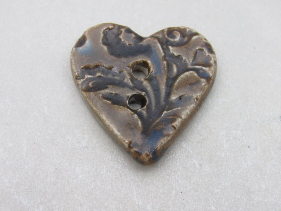 Medium Stormy Olive Brocade Texture Heart Shaped Ceramic Button