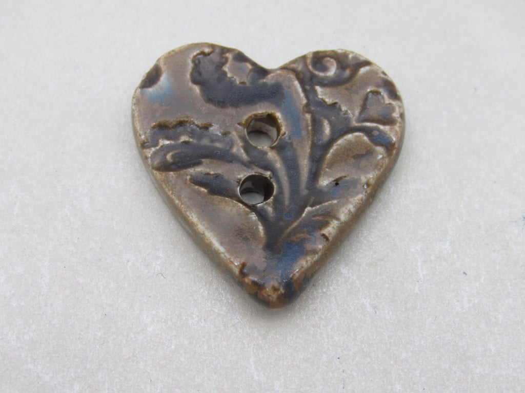 Medium Stormy Olive Brocade Texture Heart Shaped Ceramic Button