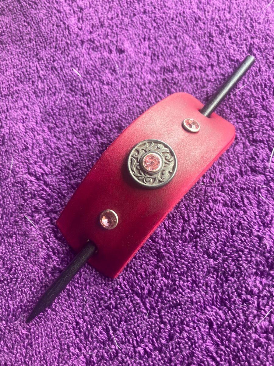 Dyed Red Leather Hair Stick Barrette - Florentine centre with 3 Pink Gems