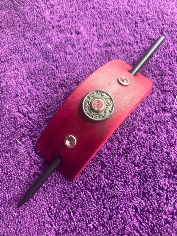 Dyed Red Leather Hair Stick Barrette - Florentine centre with 3 Pink Gems