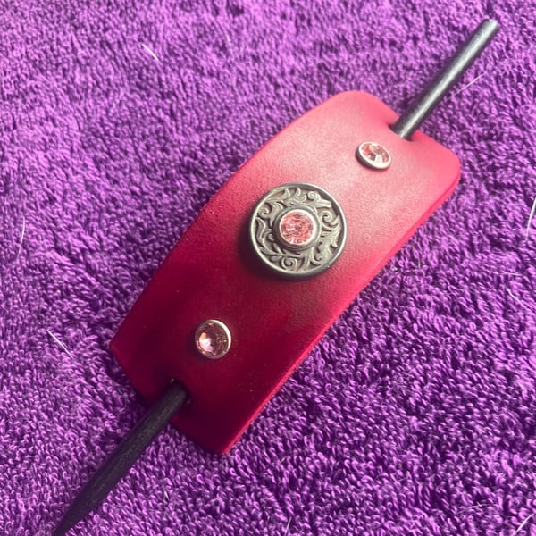 Dyed Red Leather Hair Stick Barrette - Florentine centre with 3 Pink Gems