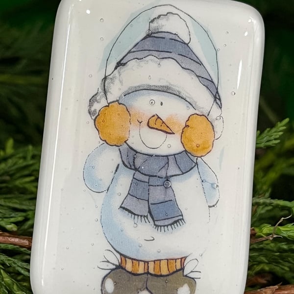 Handmade Fused Glass Snowman Christmas Ornament (Keepsake Card)