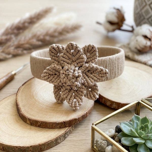 Handmade Macrame Flower Headband - Creamy Beige
