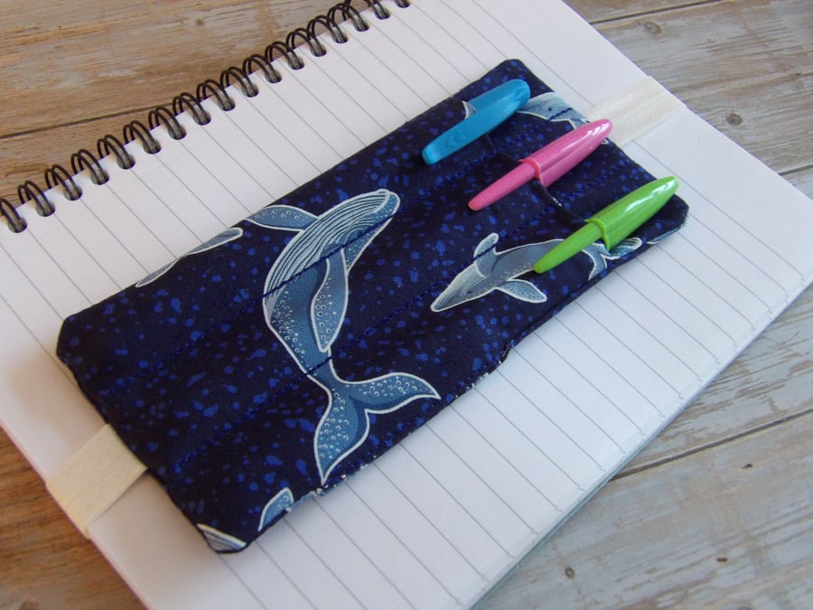 Whale fabric elasticated pen holder bookmark A5 size 