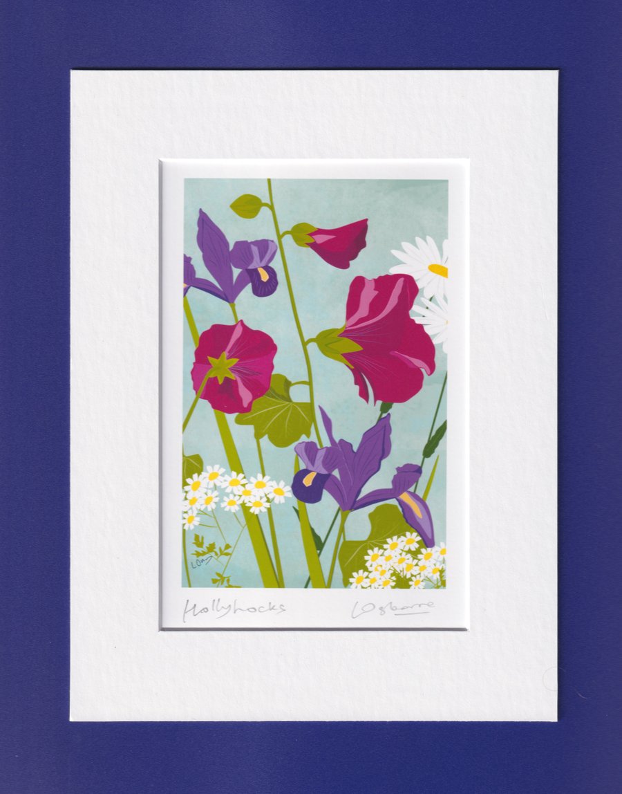 Hollyhocks - flower print with mount