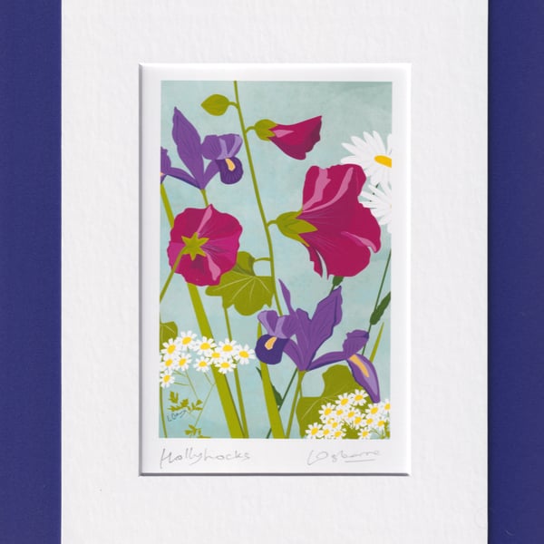 Hollyhocks - flower print with mount