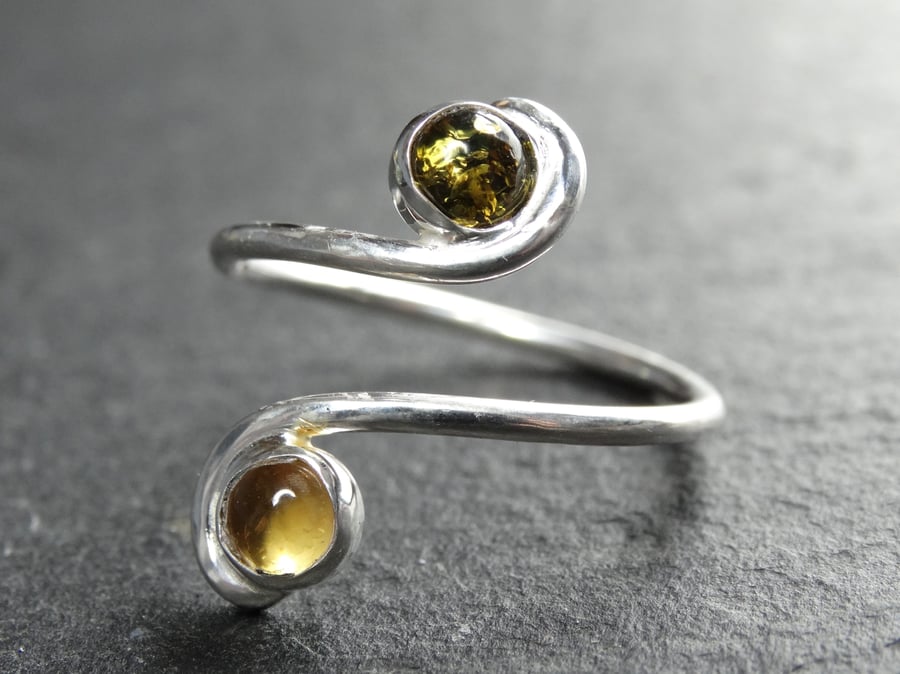 Tristan ring. Citrine & amber, sterling silver, gemstone . Fully adjustable