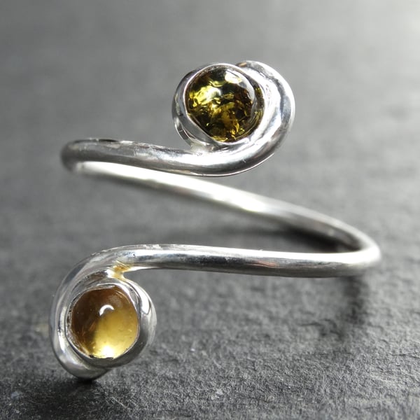 Tristan ring. Citrine & amber, sterling silver, gemstone . Fully adjustable