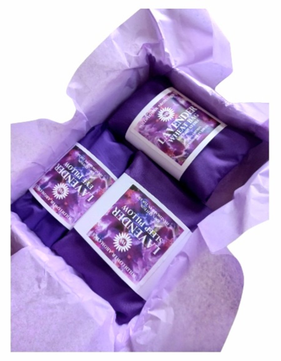 Lavender gift set, wheat bag, sleep sachet and eye pillow