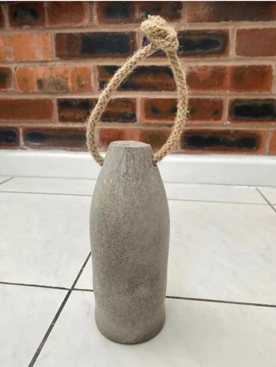 Wine Bottle Doorstop in Grey Concrete with Rope