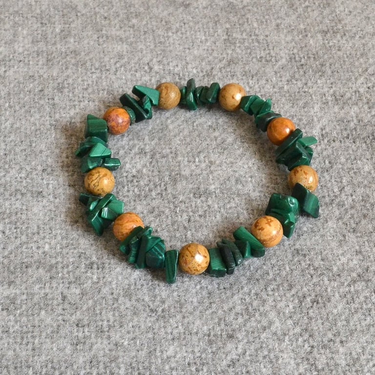 Malachite Chip and Marbled Brown Stone Bead Elastic Bracelet