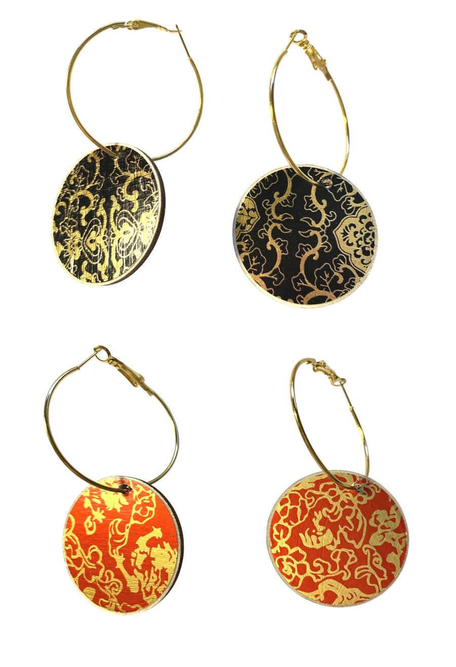 Red Black Gold Double Sided Hoop Earrings Paper Wood Lightweight Handmade NEW