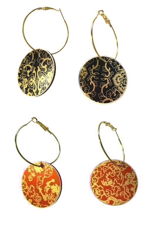 Red Black Gold Double Sided Hoop Earrings Paper Wood Lightweight Handmade NEW