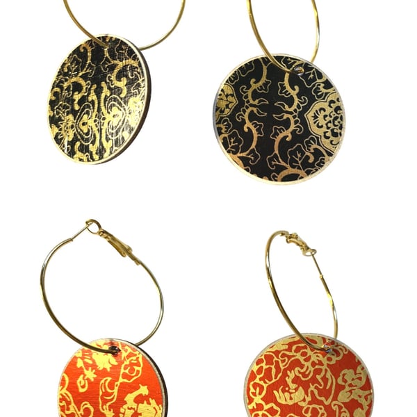 Red Black Gold Double Sided Hoop Earrings Paper Wood Lightweight Handmade NEW